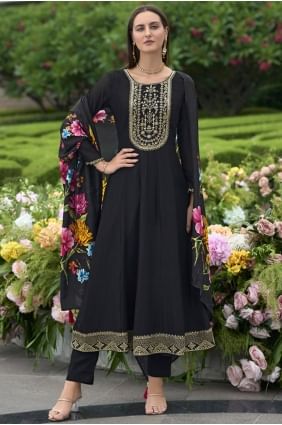 Anarkali noire en soie avec broderies AS4128