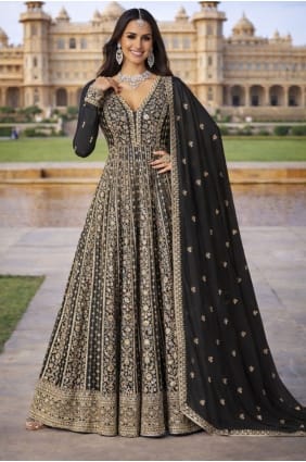 Anarkali en soie brodée noire AS4198