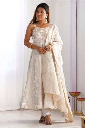 Costume Anarkali crème brodé jacquard AS4230