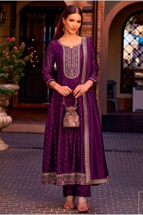 Anarkali violet brodé en soie AS4133