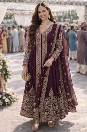 Anarkali brodée de bordeaux en mousseline de Chinon AS4281