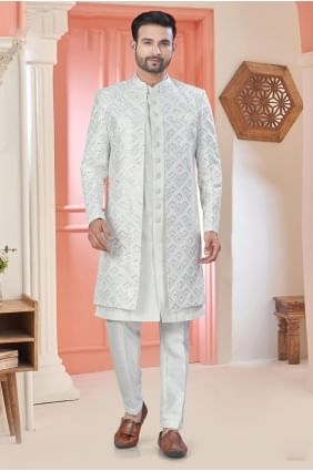 art brodé en soie hommes kurta en blanc avec dupatta KURR431