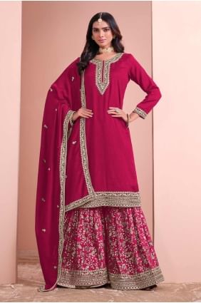 Costume Sharara rose en soie brodé avec dupatta SS1234