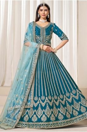 Lehenga choli brodé en soie artistique vert mer avec dupatta élégant LC8647