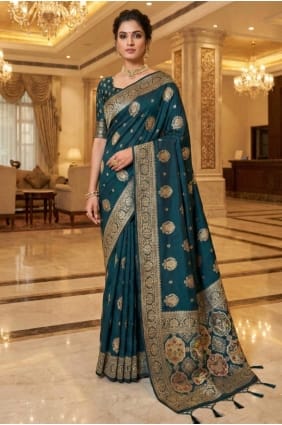 Sari bleu sarcelle en soie Banarasi brodée SR29675