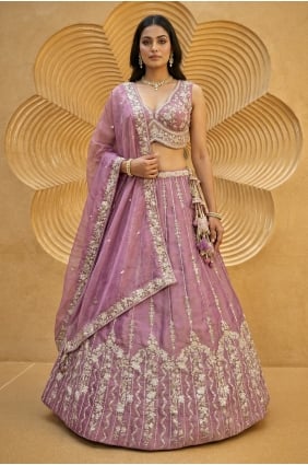 Lehenga Choli en mousseline brodée rose LC9211