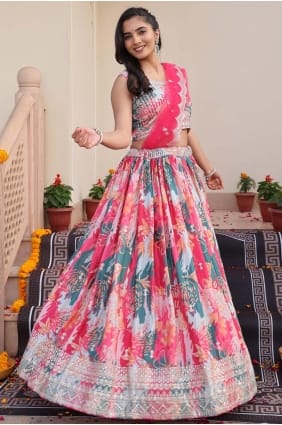 Lehenga Choli en mousseline brodée rose avec dupatta LC8823
