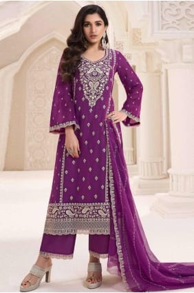 tailleur pantalon droit violet en mousseline brodée avec dupatta SK155315