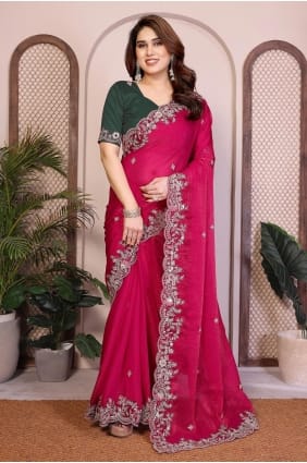 Sari en mousseline rose brodée avec chemisier assorti SR29852