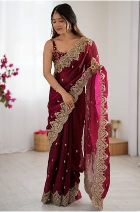 Sari brodé en mousseline bordeaux SR29439