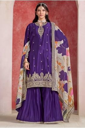 Costume Sharara en mousseline de soie avec broderies violettes SS1263