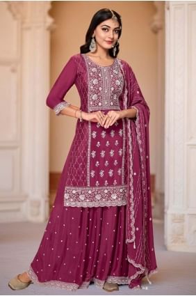 Costume Sharara en mousseline violette avec broderies SS1268