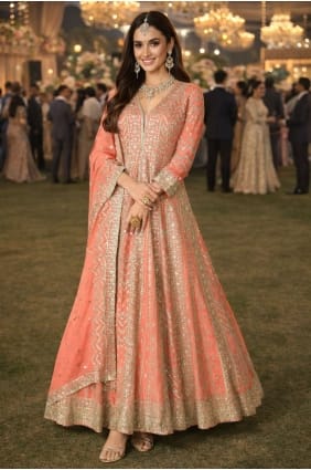 Ensemble Anarkali orange avec mousseline de soie brodée AS4328