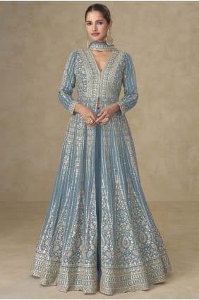 Anarkali bleu ciel en mousseline de soie brod e AS4249