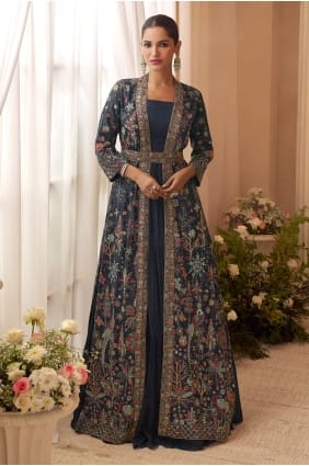 Robe longue en mousseline de soie Chinon bleu sarcelle avec broderies GW1279