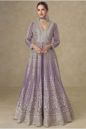 Ensemble Anarkali en mousseline Chinon violette brod e avec dupatta AS4248