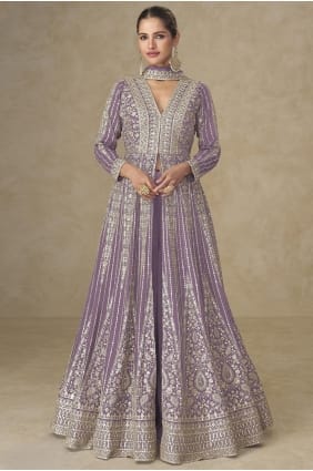 Anarkali violette brodée en mousseline de Chinon AS4294