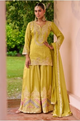Ensemble Palazzo Eid en mousseline de soie jaune avec broderies PZ4313