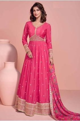 Costume Anarkali rose chinon brodé avec dupatta AS4106