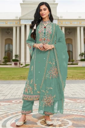 Ensemble Anarkali en coton brodé vert SK15702