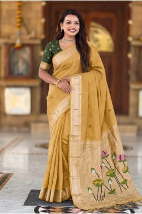 Sari en coton brodé couleur moutarde avec chemisier assorti SR30132