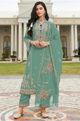 Salwar Kameez vert clair en coton avec broderies SK15617