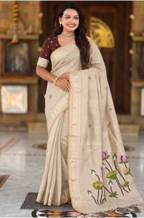 Sari en coton crème brodé SR30130