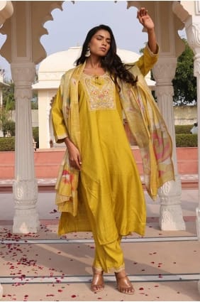 Tailleur pantalon droit en coton brodé jaune avec dupatta SK155181
