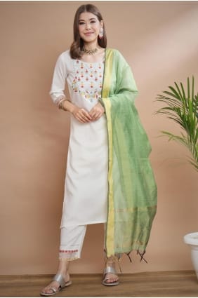 Salwar Kameez blanc en coton brodé avec dupatta SK15746