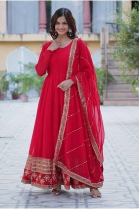 Costume Aïd Anarkali brodé en fausse georgette rouge AS4030