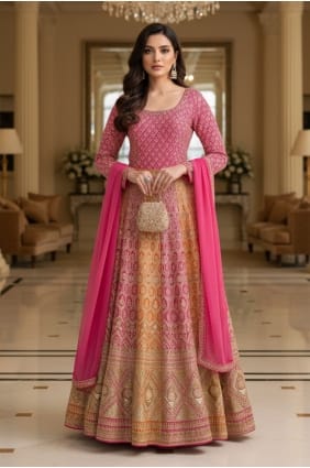 Kurti Anarkali rose en georgette synthétique brodée AS4349