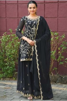 Costume Sharara en fausse georgette avec broderies noires SS1271