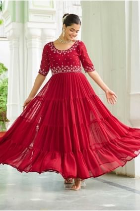 Robe rouge brodée en fausse georgette avec dupatta GW1166