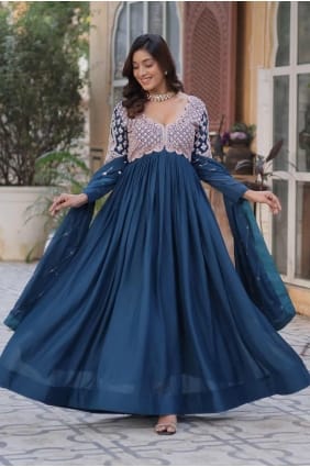 robe en georgette synthétique brodée bleu sarcelle GW1105