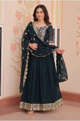 Robe bleu sarcelle en fausse georgette brodée GW1163