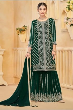 costume palazzo vert en fausse georgette brodée avec dupatta PZ4133