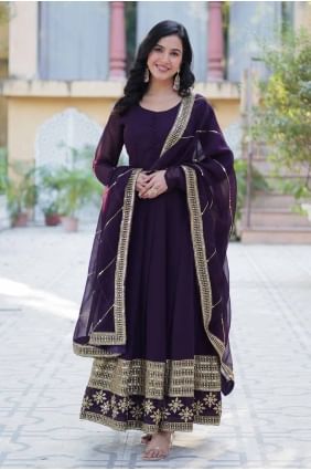 Costume Anarkali violet en fausse georgette brodé avec dupatta AS4031