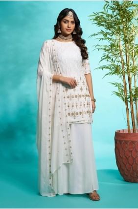 Costume Sharara en georgette synthétique brodée blanc cassé avec dupatta SS1232