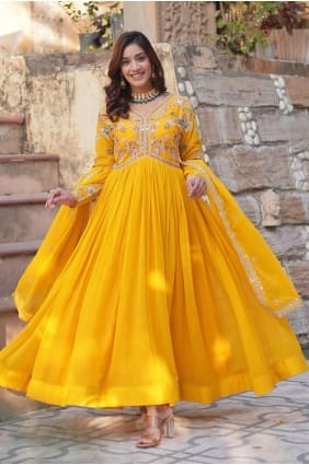 robe jaune en georgette synthétique brodée avec dupatta GW1100