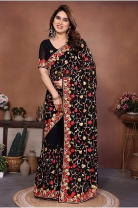 Sari en georgette noire brodée SR29886