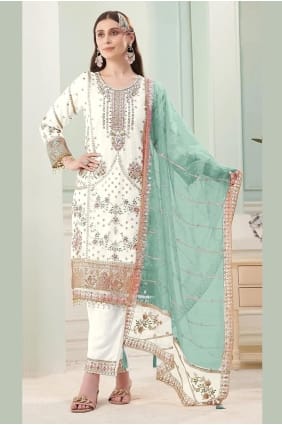 Salwar Kameez blanc en georgette brodée avec dupatta SK156031