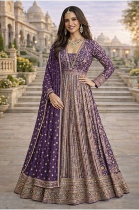 Robe longue en georgette violette brodée avec dupatta GW1235