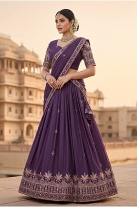 Lehenga Choli violet brodé en georgette avec dupatta LC8964