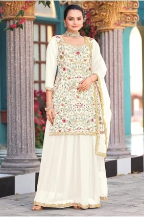 Ensemble Lehenga brodé pour l'Aïd en georgette blanc cassé LS071