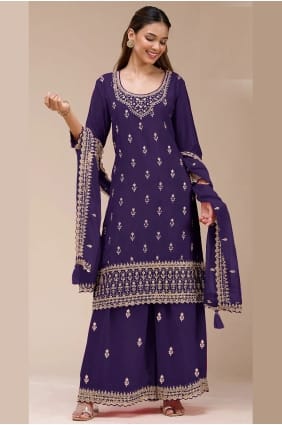 Ensemble palazzo en georgette violette avec broderies PZ4406