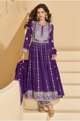 Ensemble palazzo en georgette violette brodée avec dupatta PZ4476