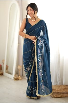 Sari en georgette brodée couleur pétrole avec chemisier SR30255