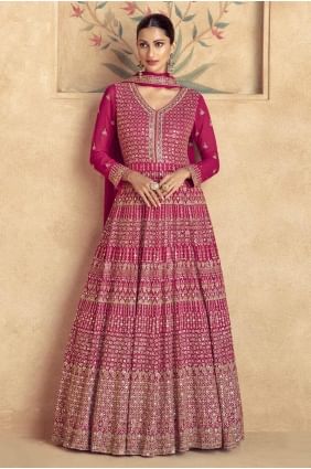 robe rose en georgette brodée avec dupatta GW1095