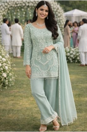 Salwar Kameez vert mer en georgette brodée avec dupatta SK15763