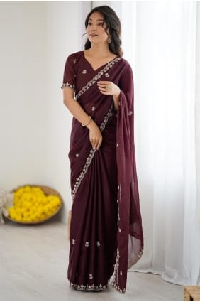 Sari en georgette brodé bordeaux SR29586